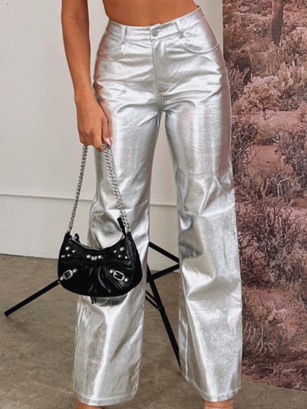 White Fox Boutique Silver Wide-Leg Metallic Pants